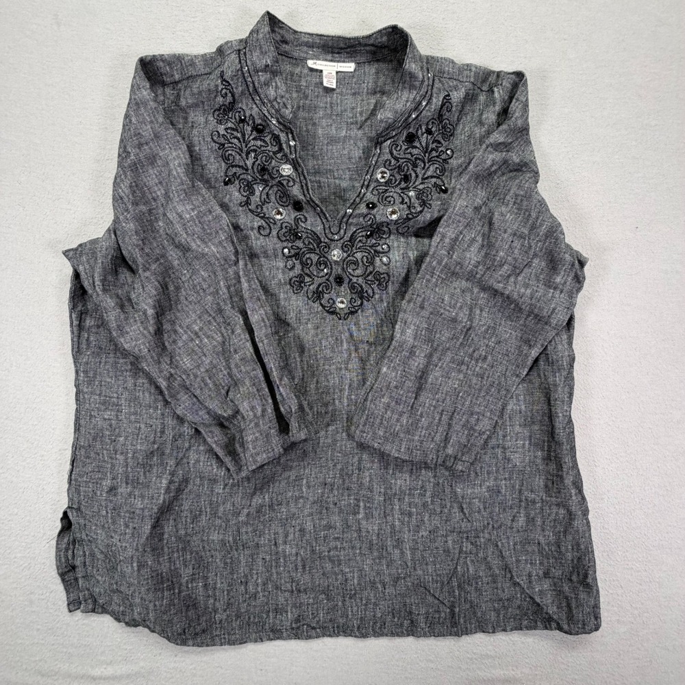 JM Collection Tunic Women 20W Grey‎ Linen Embroidered Sequin Blouse